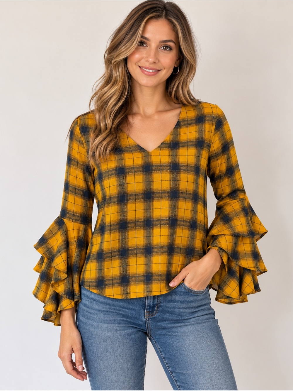 Plaid Ruffle Sleeve V-Neck Top - Mustard Yellow